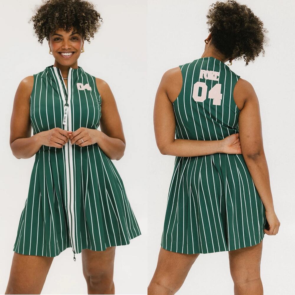 Fore All Erin Golf Dress Pinstripe Green Pleated Zip Size L